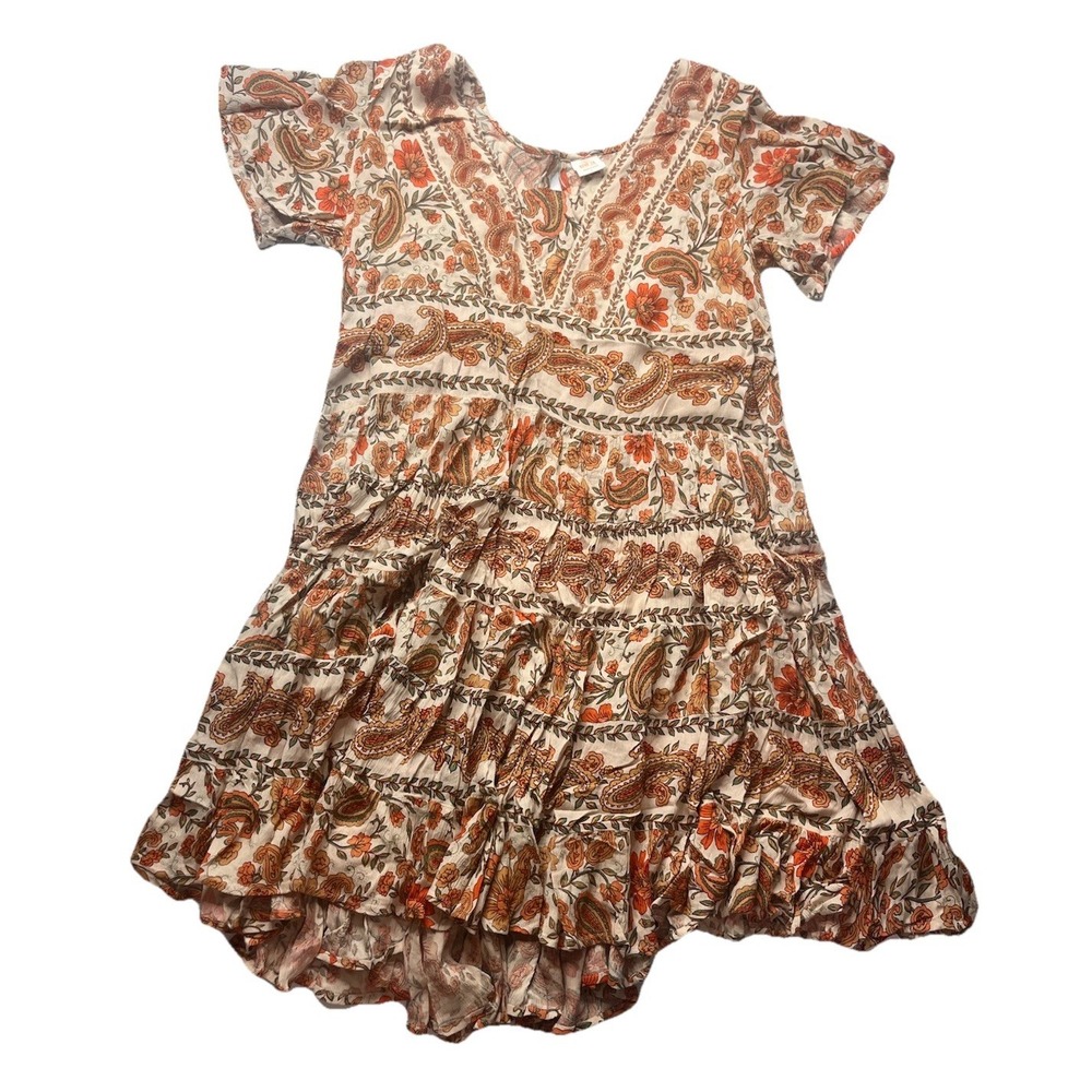Bila Floral Orange Paisley Short Tiered Dress Sz Large Boho Short Sleeve